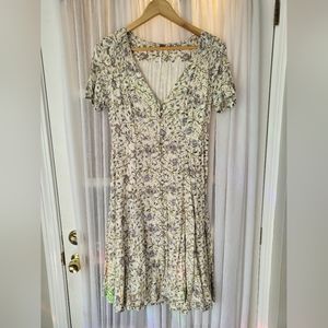 Free People Floral V-Neck Dress - Cream and Green